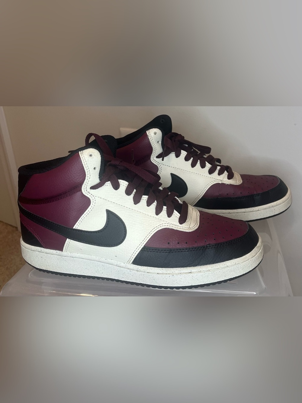 Nike Men's Court Vision High-Top Sneakers in Burgundy, White & Black Size 8